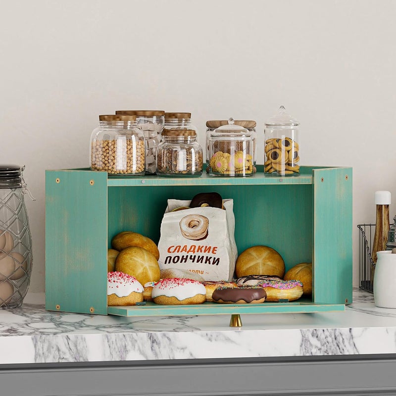 Trironsun Corner Bamboo Bread Box for Kitchen Counter Large Capacity Rustic Bread Storage Container with Wavy Arcylic Transparent Door Vintage Storage for Homemade Bread (Antique Blue) - Image 3